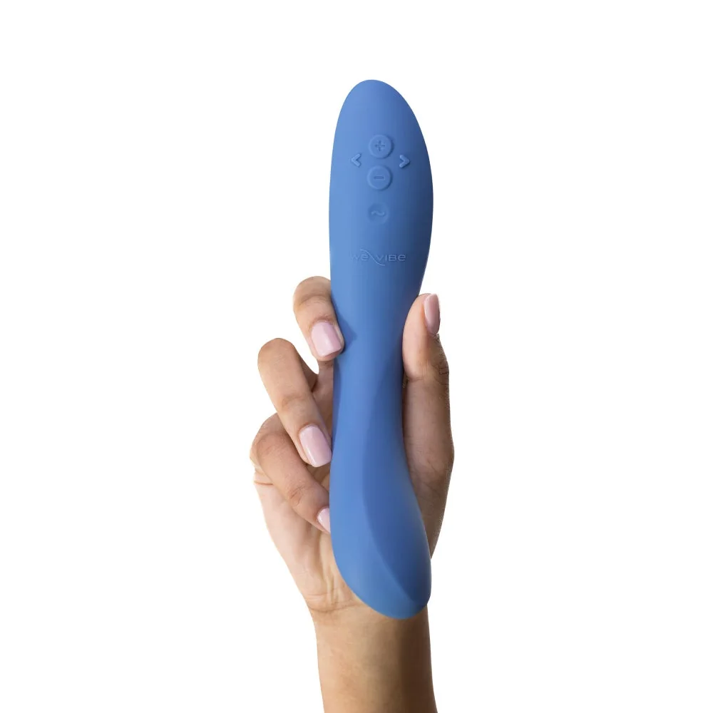 Official We-Vibe Rave 2 in blue. Curved G-spot vibrator on white.