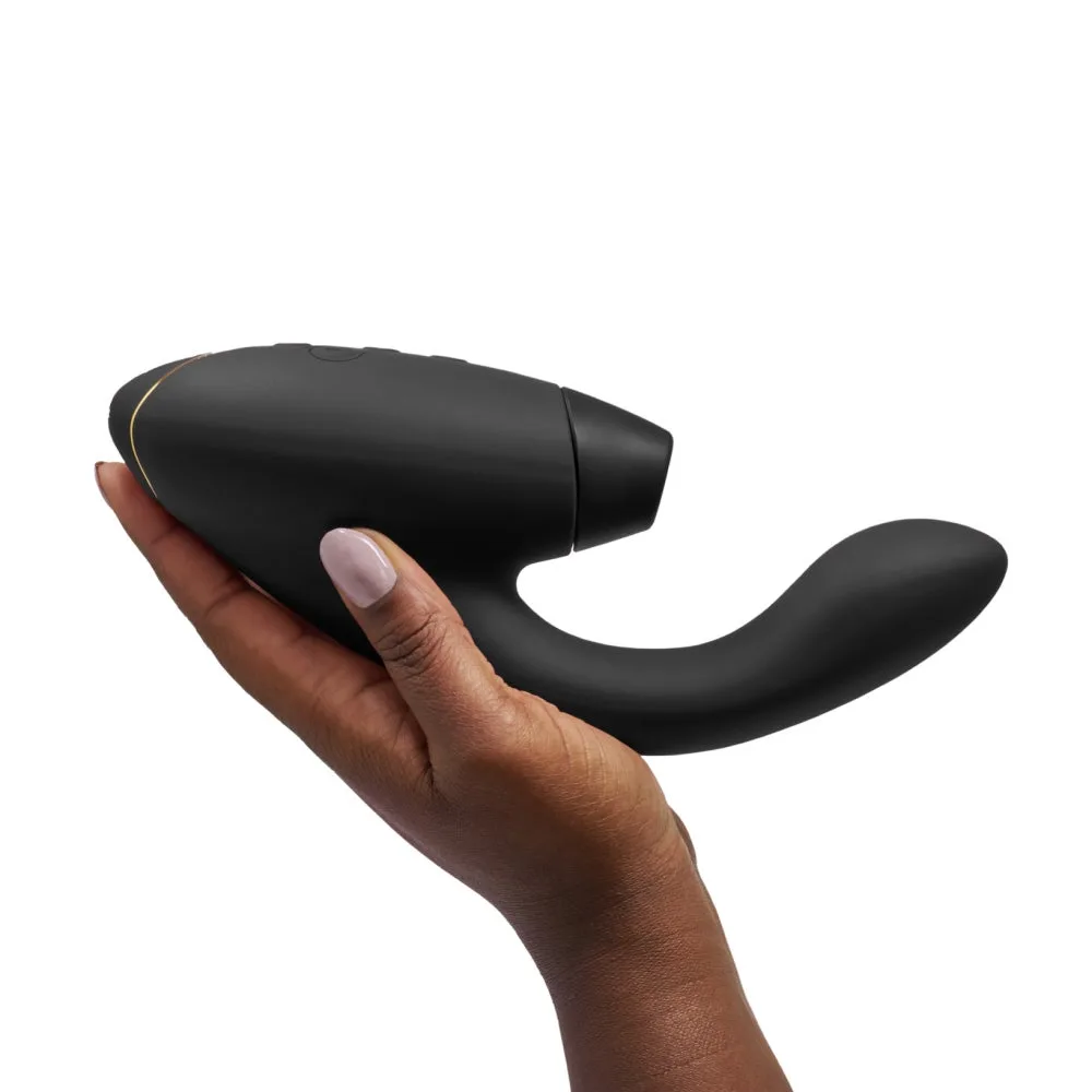 Official Womanizer Duo 2 in black. Rabbit-style dual stimulator with Pleasure Air head.